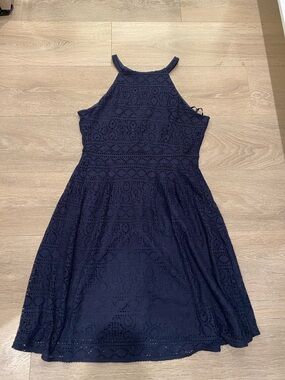le chateau Navy Crochet Halter Fit-and-Flare Dress